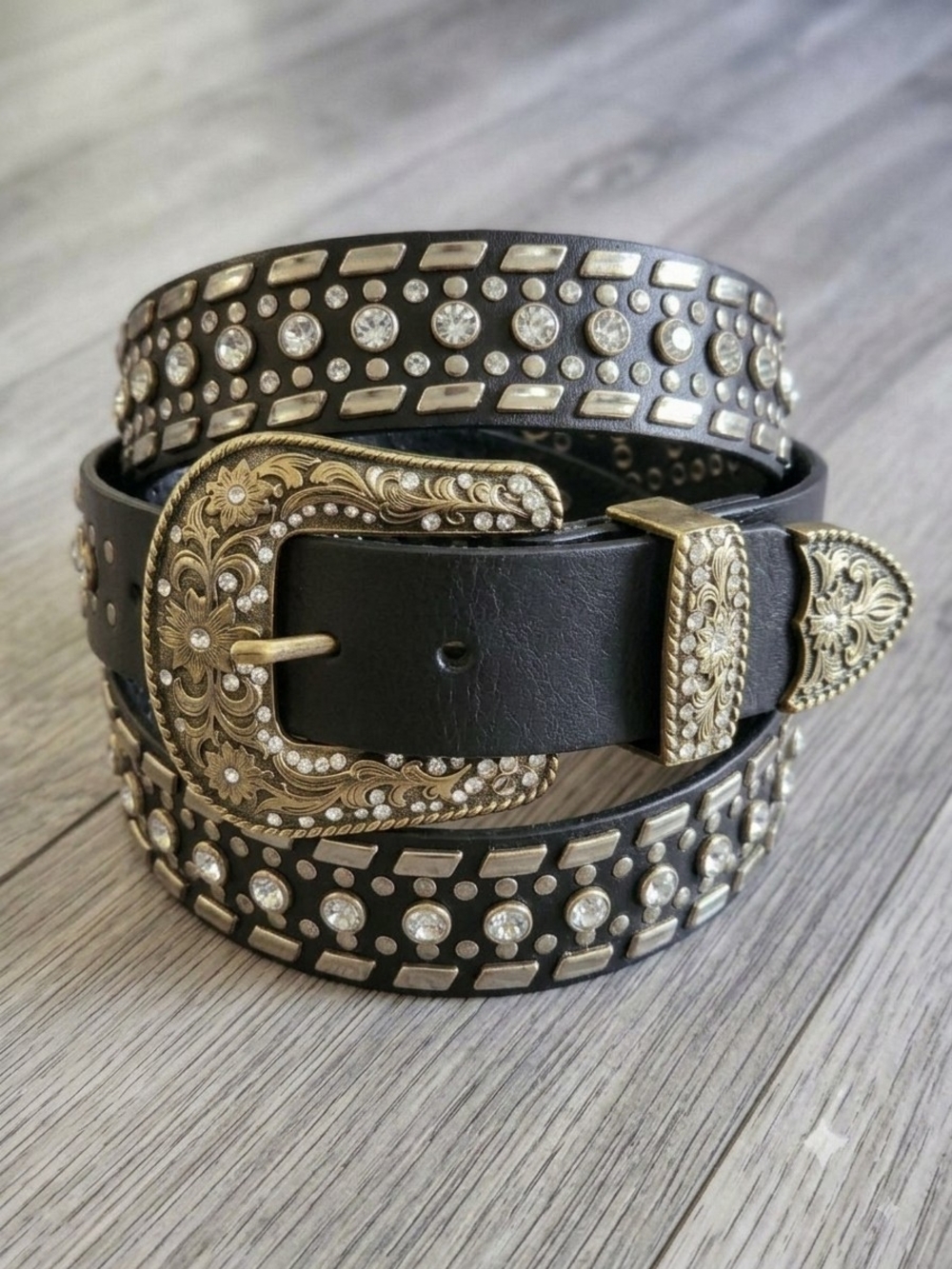 Vintage Western Bling Black Belt with Floral Western Buckle 44 Inch